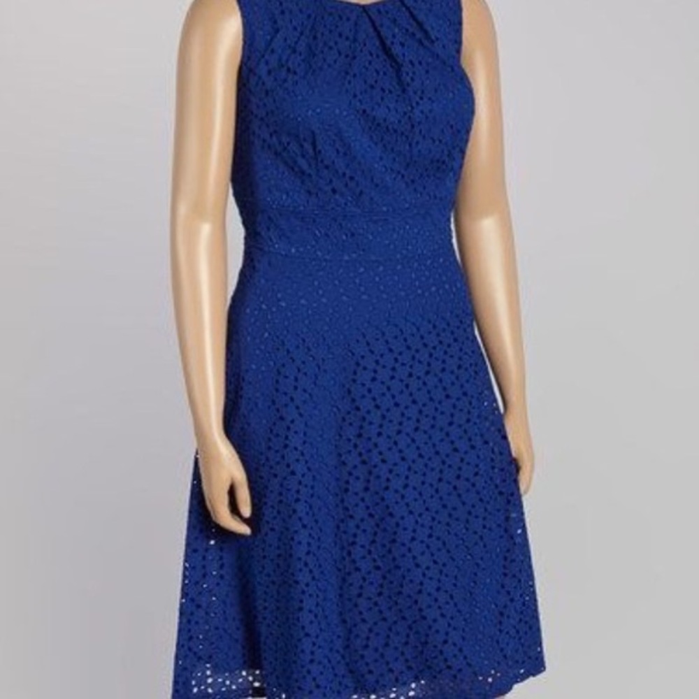 Royal blue cotton eyelet dress, sleeveless with cutout in back